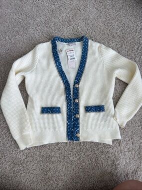 White Knit Cardigan with Sequin Blue Trim